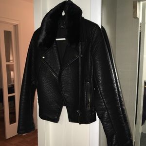 Topshop Black Faux Leather Moto Jacket with Collar